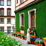 A vibrant vertical garden cascading down the side of a historic Warsaw tenement building, showcasing a variety of colorful flowers and lush greenery. In the foreground, a smiling resident waters the garden with a watering can. The Old Town is visible in the background.