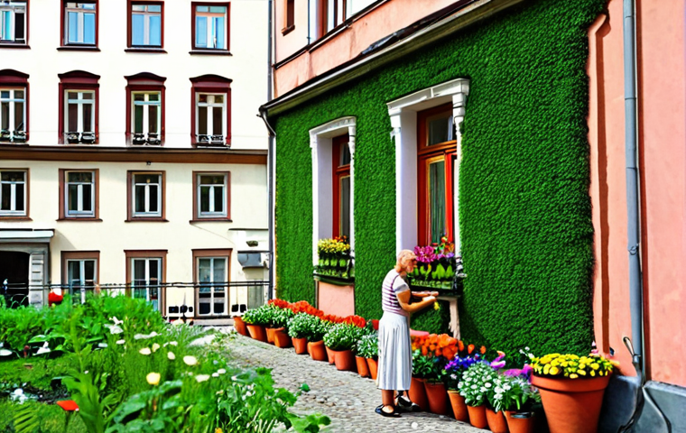 A vibrant vertical garden cascading down the side of a historic Warsaw tenement building, showcasing a variety of colorful flowers and lush greenery. In the foreground, a smiling resident waters the garden with a watering can. The Old Town is visible in the background.