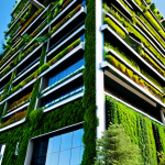 A contemporary urban skyscraper showcasing an expansive green roof and lush vertical gardens cascading down its facade. The building stands under a clear blue sky in a vibrant, sustainable city. Emphasize innovative architecture, integrated natural elements, and a sense of futuristic ecological design. The scene is well-lit, with professional photography, high detail, perfect anatomy, correct proportions, natural pose. safe for work, appropriate content, fully clothed, professional, family-friendly.