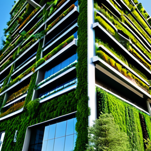 Home 14 A contemporary urban skyscraper showcasing an expansive green roof and lush vertical gardens cascading down its facade. The building stands under a clear blue sky in a vibrant, sustainable city. Emphasize innovative architecture, integrated natural elements, and a sense of futuristic ecological design. The scene is well-lit, with professional photography, high detail, perfect anatomy, correct proportions, natural pose. safe for work, appropriate content, fully clothed, professional, family-friendly.