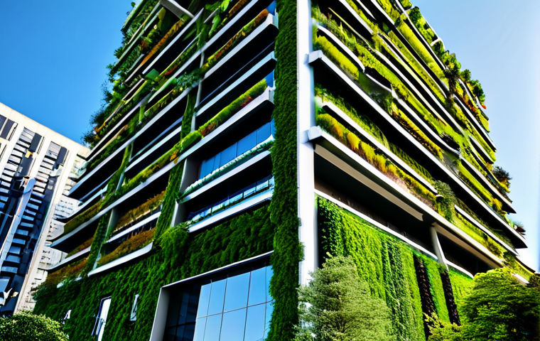 A contemporary urban skyscraper showcasing an expansive green roof and lush vertical gardens cascading down its facade. The building stands under a clear blue sky in a vibrant, sustainable city. Emphasize innovative architecture, integrated natural elements, and a sense of futuristic ecological design. The scene is well-lit, with professional photography, high detail, perfect anatomy, correct proportions, natural pose. safe for work, appropriate content, fully clothed, professional, family-friendly.