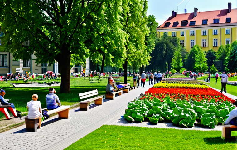 Urban Park Oasis**
"A vibrant urban park in Warsaw, Poland, filled with people enjoying a sunny day. Lush green trees and colorful flowerbeds are visible. Children are playing, and adults are relaxing on benches. In the background, the historic buildings of Warsaw can be seen. Include elements of a community garden, with raised beds and people tending to vegetables. Focus on capturing a sense of community and well-being. Fully clothed, appropriate attire, safe for work, perfect anatomy, natural proportions, professional photography, high quality, family-friendly."
**